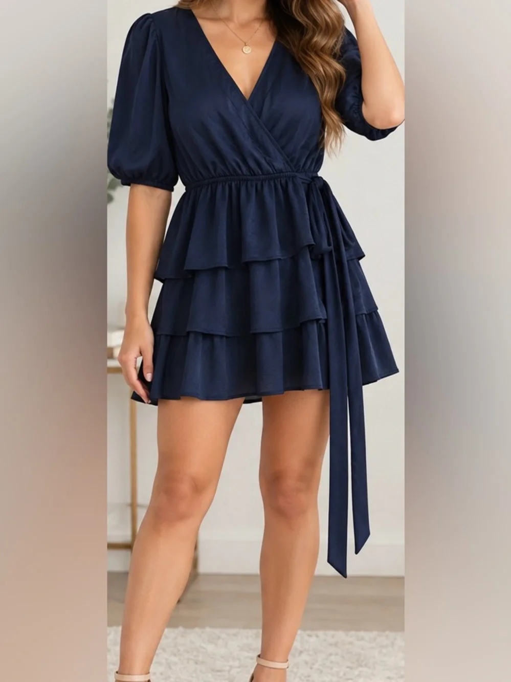 Xtraordinary Navy Faux Wrap Tiered Mini Dress Puff Sleeve Size L